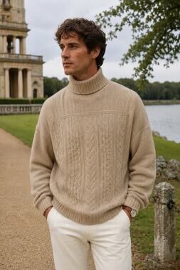 Inis Crafts Chunky Cable Knit Wool Turtleneck Sweater Beige Men’s Large Grandpa